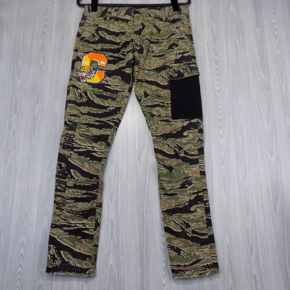 Smoke Rise Tiger Stripe Camo Cargo Pants Mens 32 Green Chenille Patch EUC